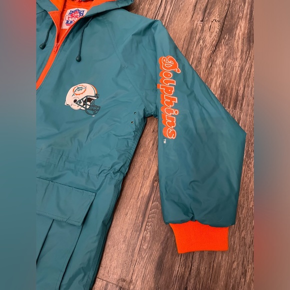 RARE Late 80s Miami Dolphins Vintage NFL Game Day Jacket Zip Hood Teal/Orange - Picture 4 of 16